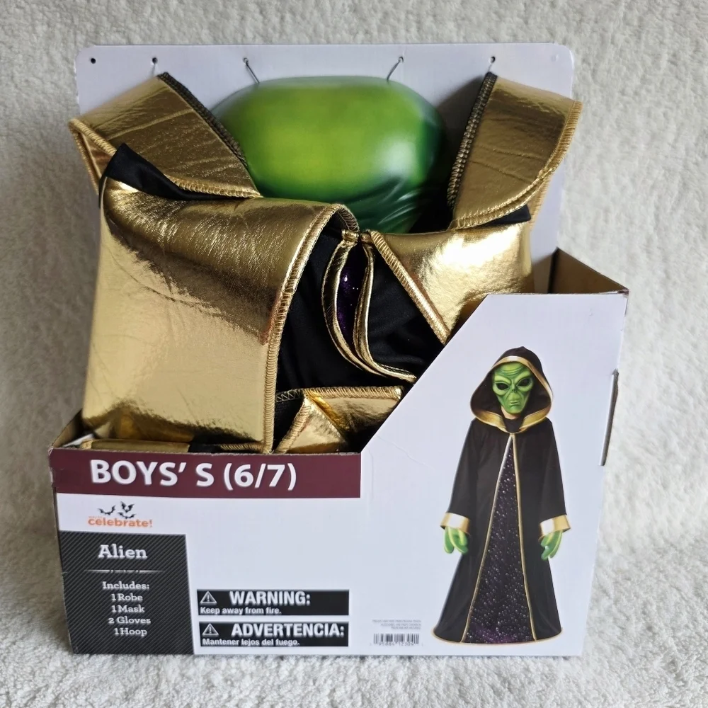 New Alien Halloween Costume, Boys / girls, green, gold, black Robe Mask Gloves